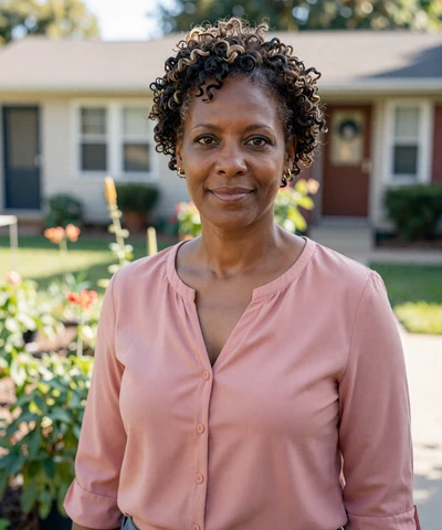 Linda, a 52-year-old nurse from Charlotte, smiling in a community garden