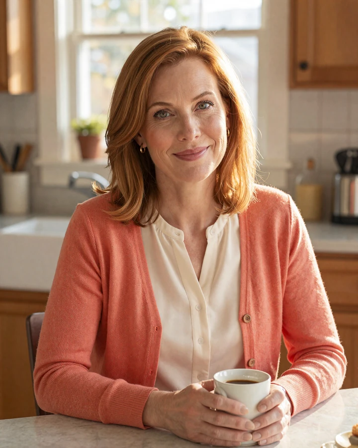 Margaret, a smiling 54-year-old Loviaflame member enjoying coffee in her sunny kitchen