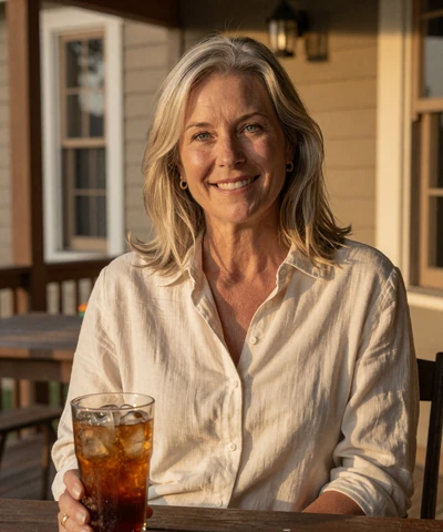 Susan, a 58-year-old retired teacher from Austin enjoying iced tea on her porch