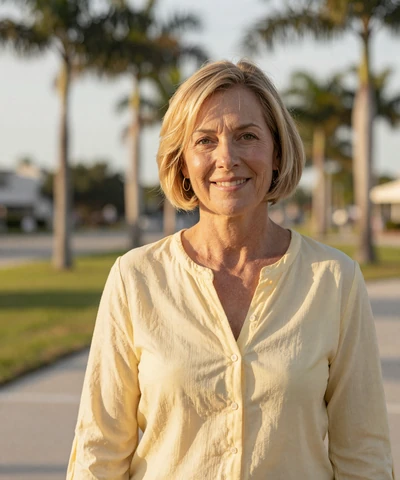 Diane, a 61-year-old semi-retired CPA from Naples walking through a sunny park